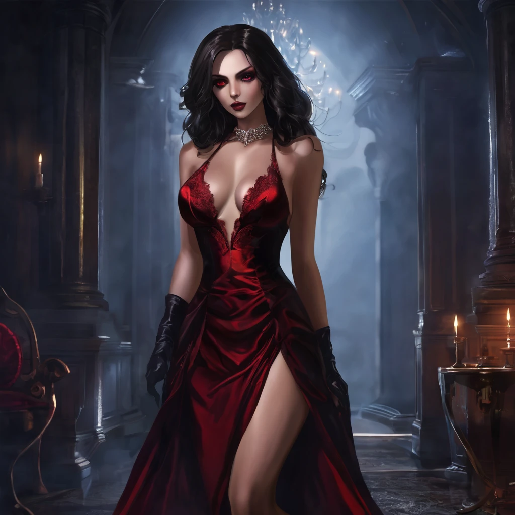 Describe a scene where a female vampire from the Tremere clan, with aristocratic features and mesmerizing eyes, is to seduce someone in a dark and mysterious environment. She is dressed in elegant clothes and displays an aura of power and mystery.... Your gaze is penetrating and seductive, as she uses her manipulation skills to lure the victim closer, involving her in a dangerous game of desire and fascination. The atmosphere around you is charged with tension and excitement., with shadows dancing around, further enhancing the atmosphere of seduction and mystery, wearing red lingerie, nsfw, high heel boots