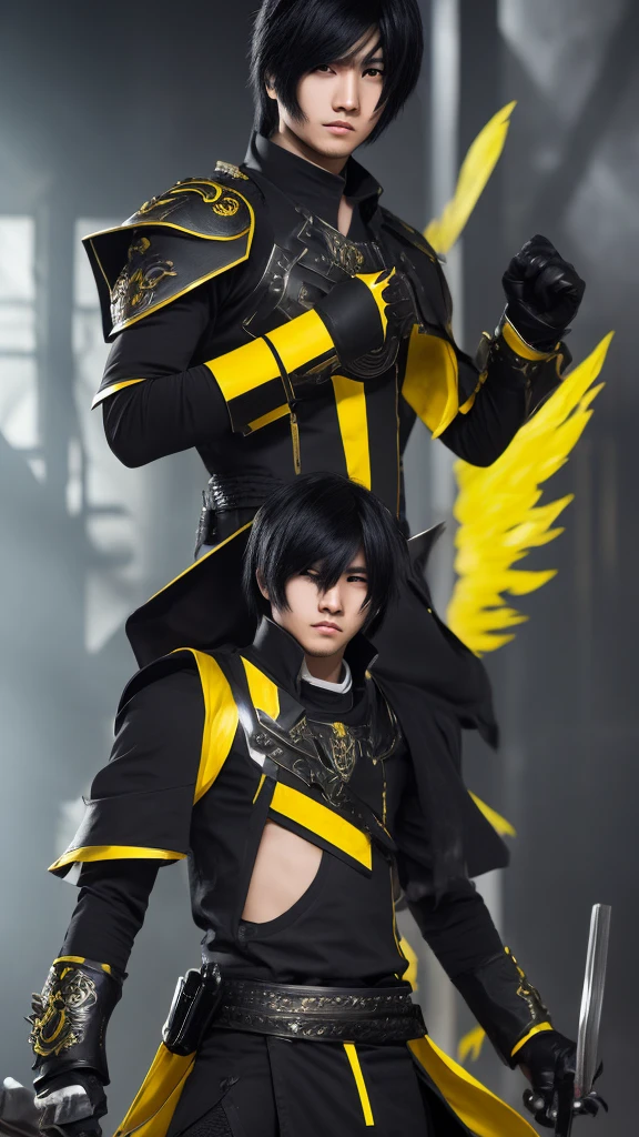 male character,Youngh,Cao Cao,long black hair with a white streak in the bangs,all black clothing with metal gauntlets and shin guards and yellow eyes.