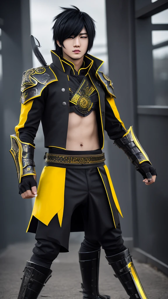 male character,Youngh,Cao Cao,long black hair with a white streak in the bangs,all black clothing with metal gauntlets and shin guards and yellow eyes.