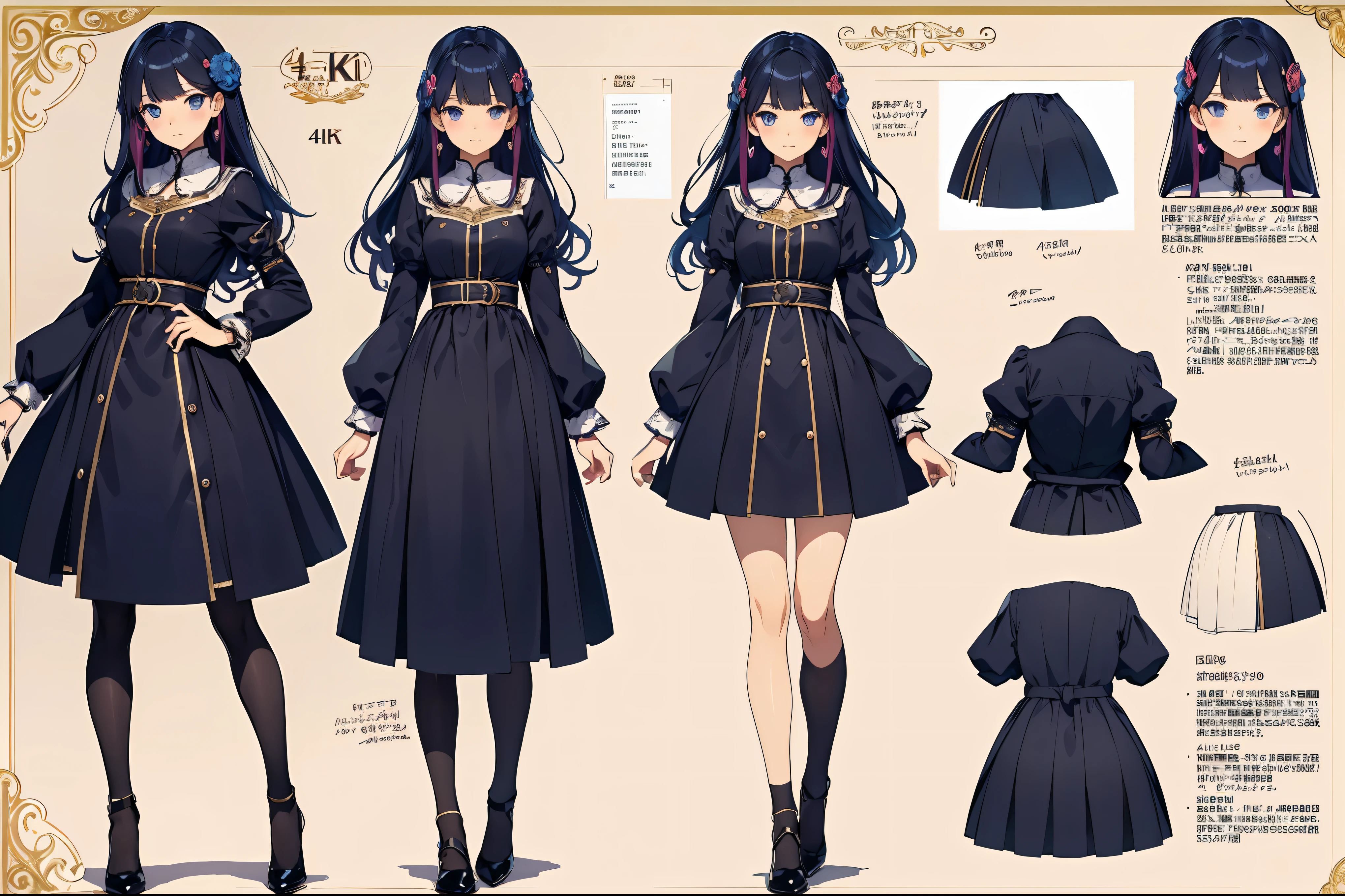 (top quality、4K、8 k、A high resolution、masterpiece: 1.2)、Super detailed、real、photorealistic、(((female Character Design Sheet)))、illustration、(((Character Design Sheet, Detailed character description)))、Full body diagram in three views and detailed explanation of clothing.:1.2, Creative design、 design、Unique and cute design、Impressive anatomy、Expression of girls&#39; charm、shining eyes、shiny hair、bright colors、Ideally balanced composition。