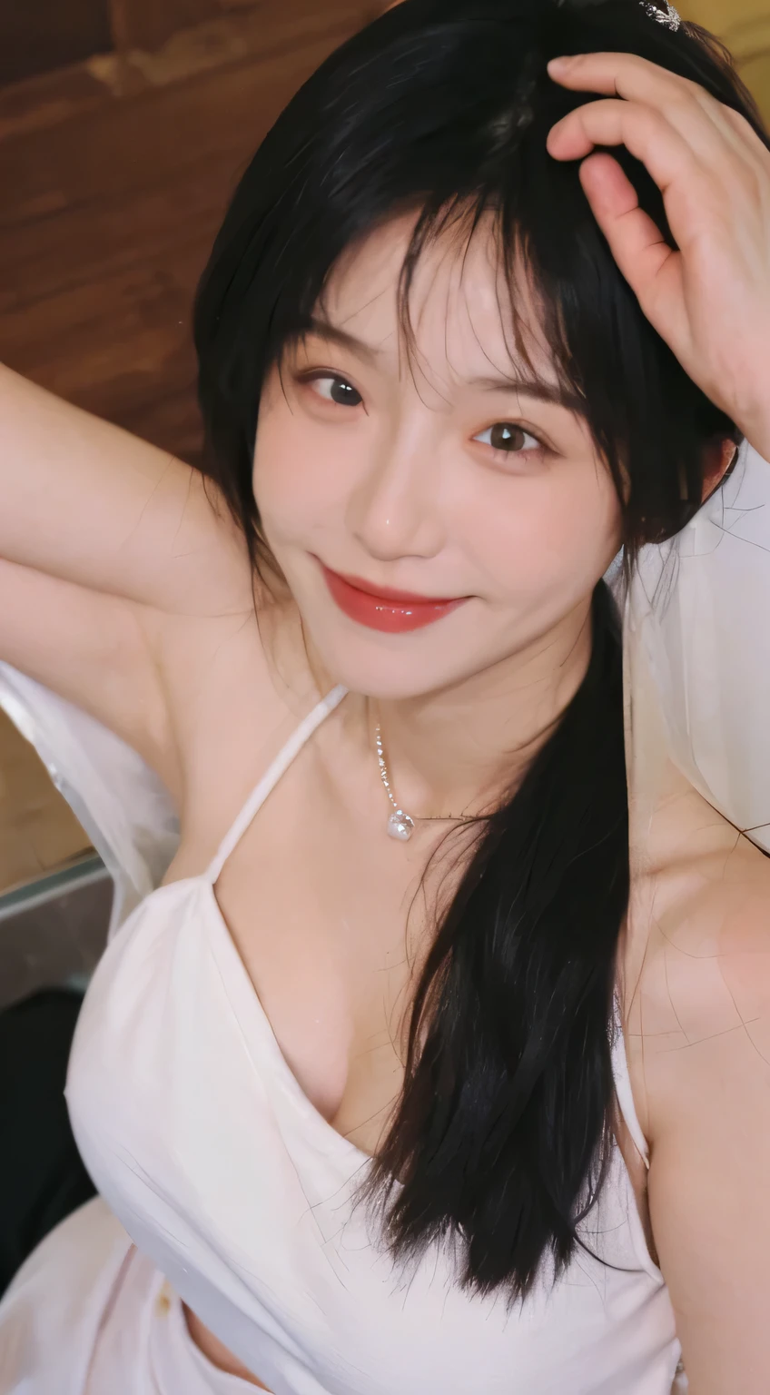 best qualtiy， Ultra-high resolution， （realisticlying：1.4），cute hairpin，Baoyu Girl，Wearing a white bandeau wedding dress，（big chest：1.2） ，A pair of clear and moving peach blossom eyes,Royal Sister，sunshine on face，Big wavy hairstyle，（choker necklace：1.2），（Fair skin：1.4），a sense of atmosphere，a beauty girl， Charming smile，head straight-looking at viewer， closeup cleavage ，(Photorealistic:1.4),1girll,sexly,(Upper body:1.4),(Wet body),(:1.2), curly hair, (facing the front:1.2),long hair、(Close your eyes and ask for a kiss:1.3),From above, ((one length haircut)),, exposed cleavage, look up, raise your chin, open your mouth slightly, waiting for kiss, stick out your tongue slightly, turn your face up, look up the sky, sitting on bed, big  , exposed chest, blowjob, exposed