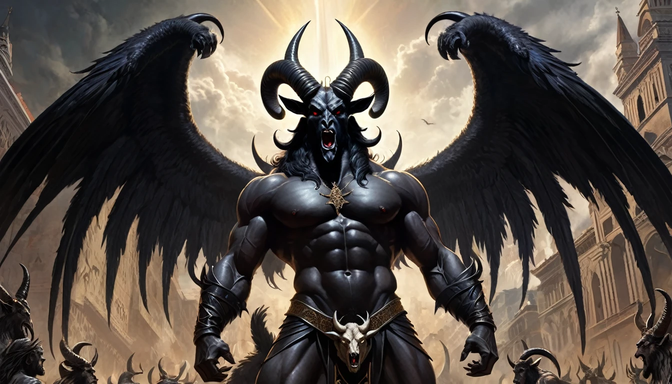 Glorious and triumphant Baphomet, muscular and with an angry expression, large horns, raises his arms and spreads his great black wings, over the desperate and panicked Christians before their destroyed holy city