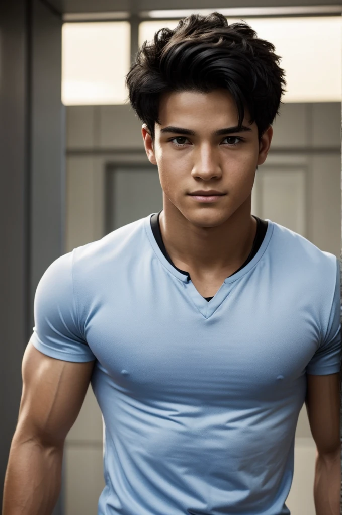 Mark Grayson, the protagonist of "Invincible," He is a young man with an athletic build and a distinctive appearance.. Here is a detailed description:

1. **Age and complexion**: Mark is a teenager, around 17 years old at the beginning of the series, with an athletic and well-defined build due to his training as a superhero.
2. **Hair**: He has black hair, usually short and slightly messy.
3. **face**: His face is youthful and symmetrical, with a strong jaw and large, expressive brown eyes.
4. **Casual clothes**: When he&#39;s not in his superhero suit, He usually wears casual clothes typical of a teenager, like t-shirts, jeans and jackets