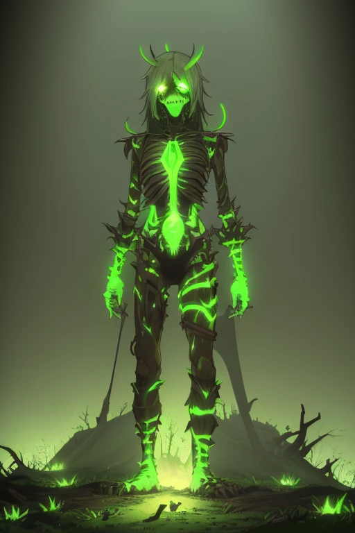 Undead skeletal zombie with open chest with a fungus inside Neon green with sprouts and roots covering the body Neon green eyes Destroyed ranger clothing Dirty arms covered by roots and legs with blisters covering his body Background of a radioactive swamp blood toxic neon green look at us facing the viewer