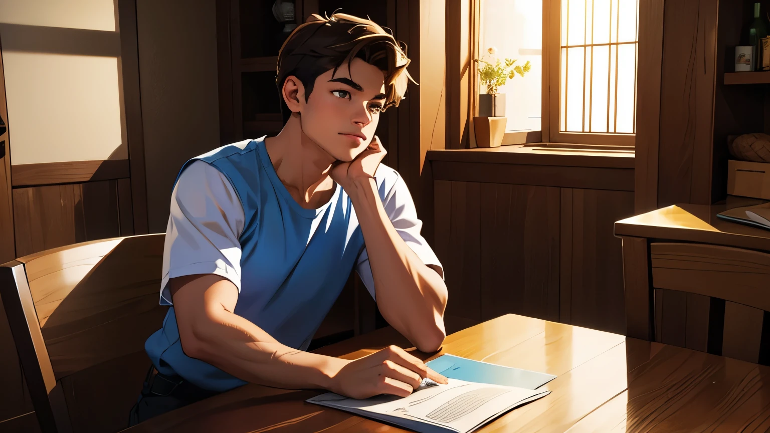 a 16 year old boy with brown hair sitting at the table in a simple house