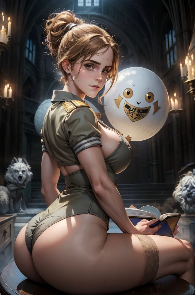 masterpiece,Best quality,1 girl,Emma Watson plays Hermione, Sexy school uniform,Briefs thongs,The school uniform jacket is open,No shirt,Smile,huge breasts, Huge ass, beautiful legs, Magic Wand,Magic book,Casting Magic,Hogwarts School of Witchcraft and Wizardry