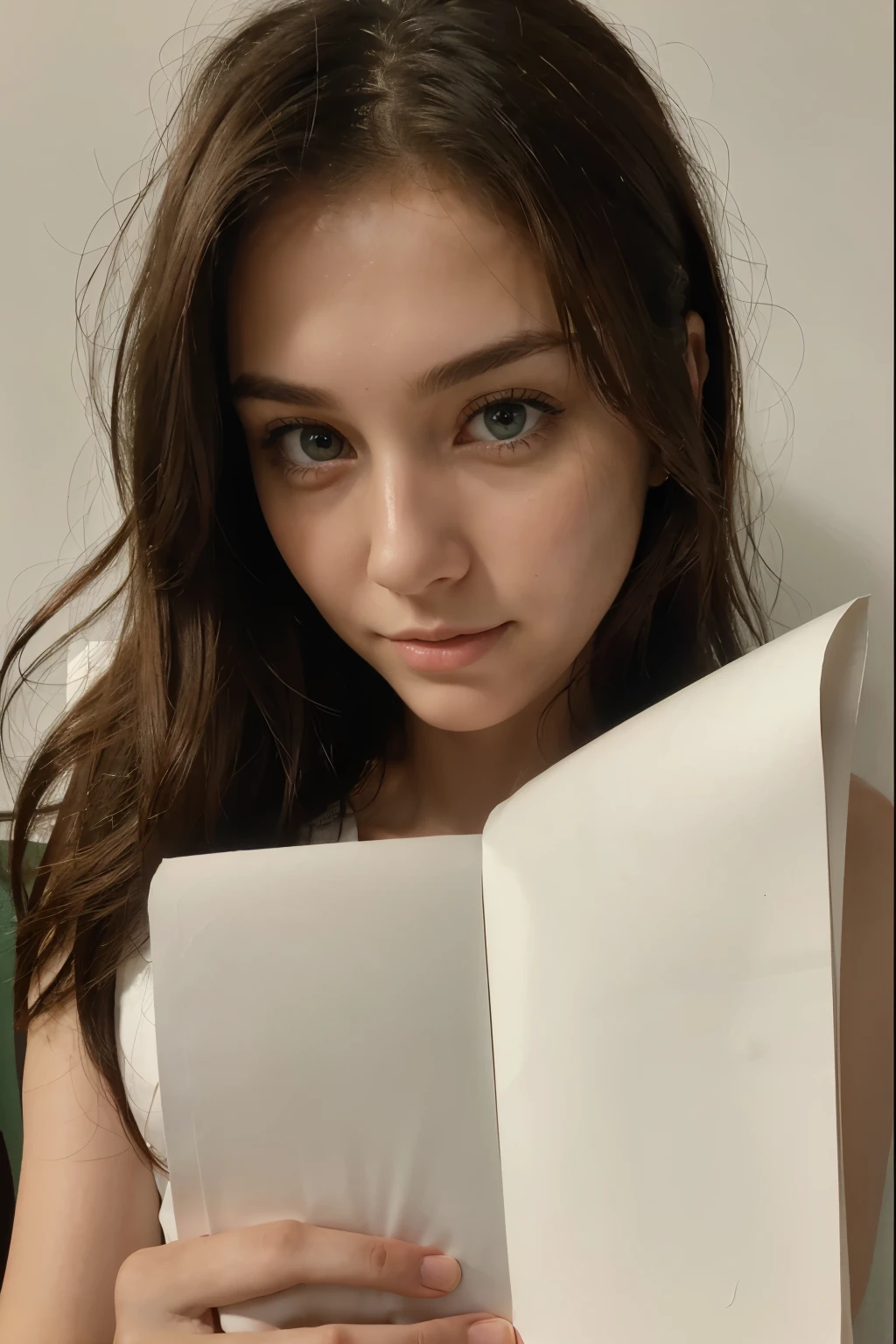 A hyper-realistic and ultra-detailed photograph of a 25-year-old woman front camera. She has long, flowing brunette hair cascading over her shoulders, and her captivating green eyes are bright and expressive.She is holding a blank white sheet of paper with her both hand. Her skin texture is incredibly realistic, showing natural variations and subtle details. The background is simple and unimportant, focusing solely on the woman taking the selfie with a white blank paper