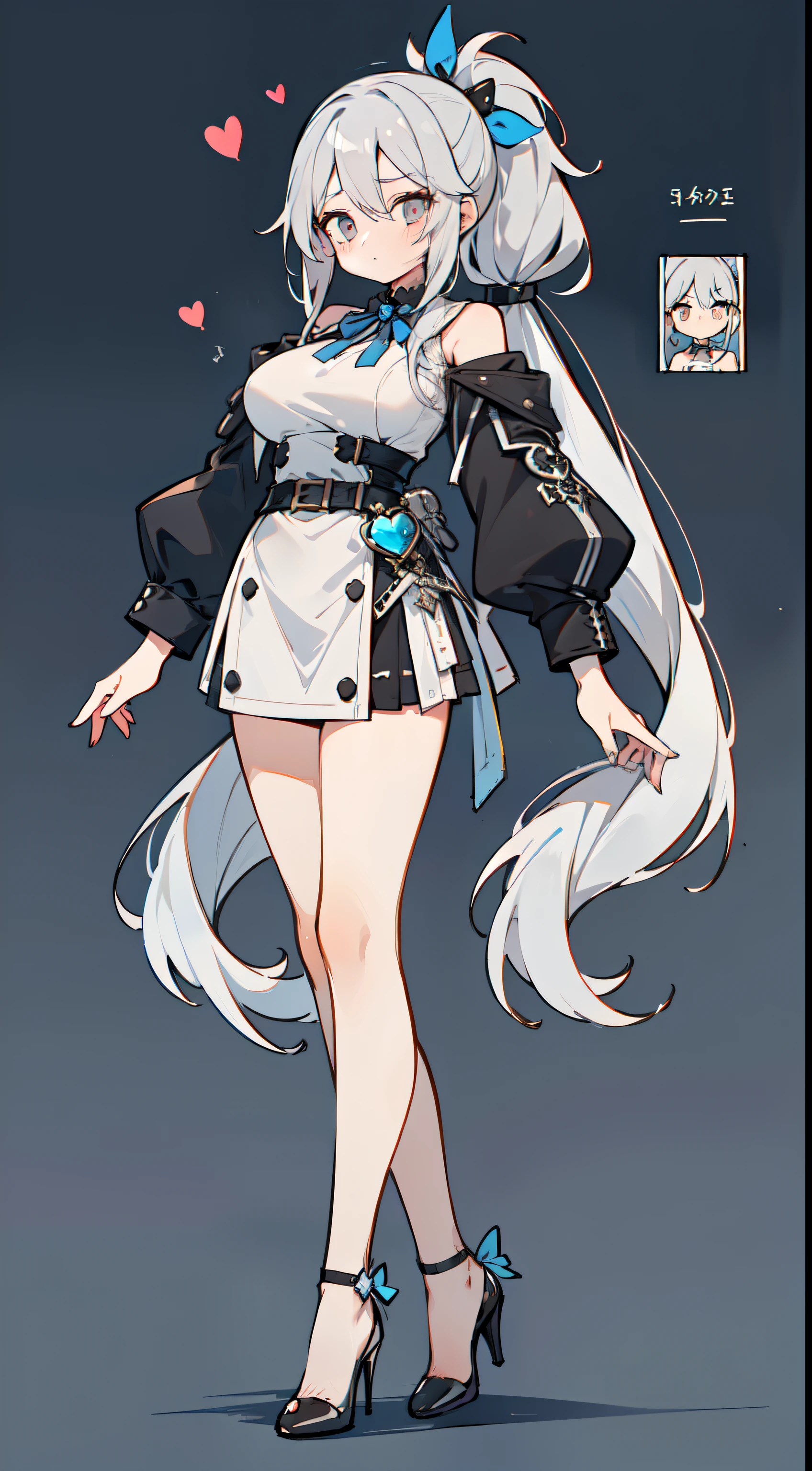 1 girl in, full body, character design, (((Light gray straight low ponytail)), ((blue eyes)), (Order the sauce), ((White stiletto heel)), (Mole under left eye), long bangs, Eyes are hearts, brainwashed, large full breasts, high quality, whore, Magic makeup, Sexy black Phantom Thief costume, Black high heels, wide shot, Detailed information about the prison