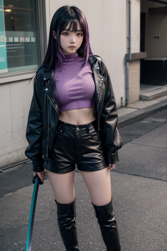 A Japanese girl with straight black hair with purple and cyan highlights with a fringe, a pink crop top and wide black pants, black boots and a black leather jacket, holding a katana cyan hair