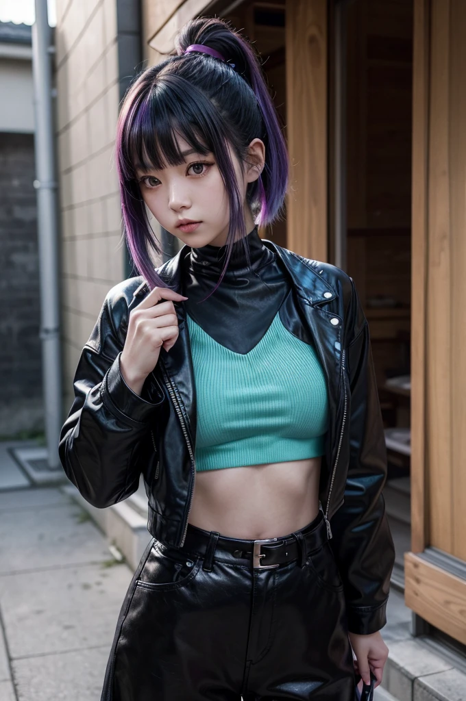 A Japanese girl with straight black hair with purple and cyan highlights with a fringe, a pink crop top and wide black pants, black boots and a black leather jacket, holding a katana cyan hair