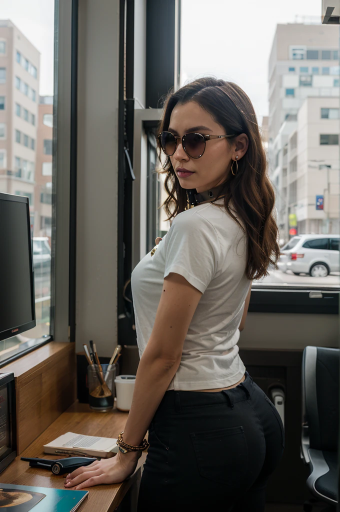 ((best qualityer)), ((work of art)), (detailded), 1 girl, in the office, notebook, café, wood desk, big fit ass, glass window,  INTERNAL PART OF THE CAR, SUNGLASSES and COLLAR T-shirt, social shirt, LIGHT GREEN SHIRT, button-up shirt, BLACK PANTS, Portrait of a BRAZILIAN woman, sexy looking with long hair, Short hair, hazel eyes, with fluttering covers, perfect composition, hyper realist, Super detailded, 8K, high qualiy, trending art, trends on artstation, sharp focus, studio photo, details Intricate, altamente detailded, art by greg rutkowski, hoop earings, relogio no pulso, sketch, SIDE camera, looking at side, large glass window, alone outside