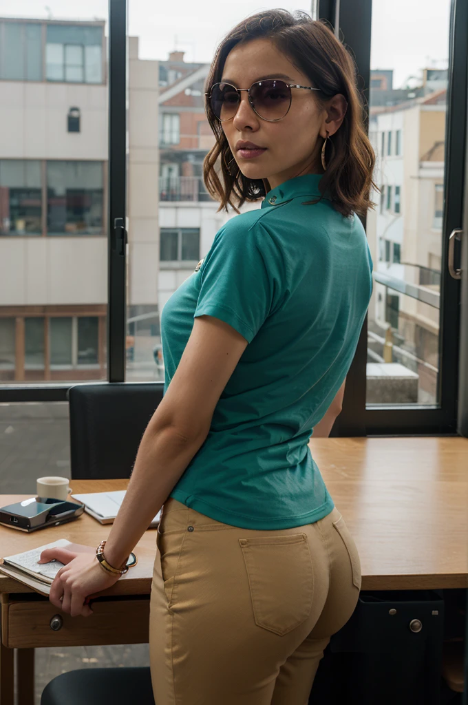 ((best qualityer)), ((work of art)), (detailded), 1 girl, in the office, notebook, café, wood desk, big fit ass, glass window, INTERNAL PART OF THE CAR, SUNGLASSES and COLLAR T-shirt, social shirt, LIGHT GREEN SHIRT, button-up shirt, BLACK PANTS, Portrait of a BRAZILIAN woman, sexy looking with long hair, Short hair, hazel eyes, with fluttering covers, perfect composition, hyper realist, Super detailded, 8K, high qualiy, trending art, trends on artstation, sharp focus, studio photo, details Intricate, altamente detailded, art by greg rutkowski, hoop earings, relogio no pulso, sketch, SIDE camera, looking at side, large glass window, alone outside
