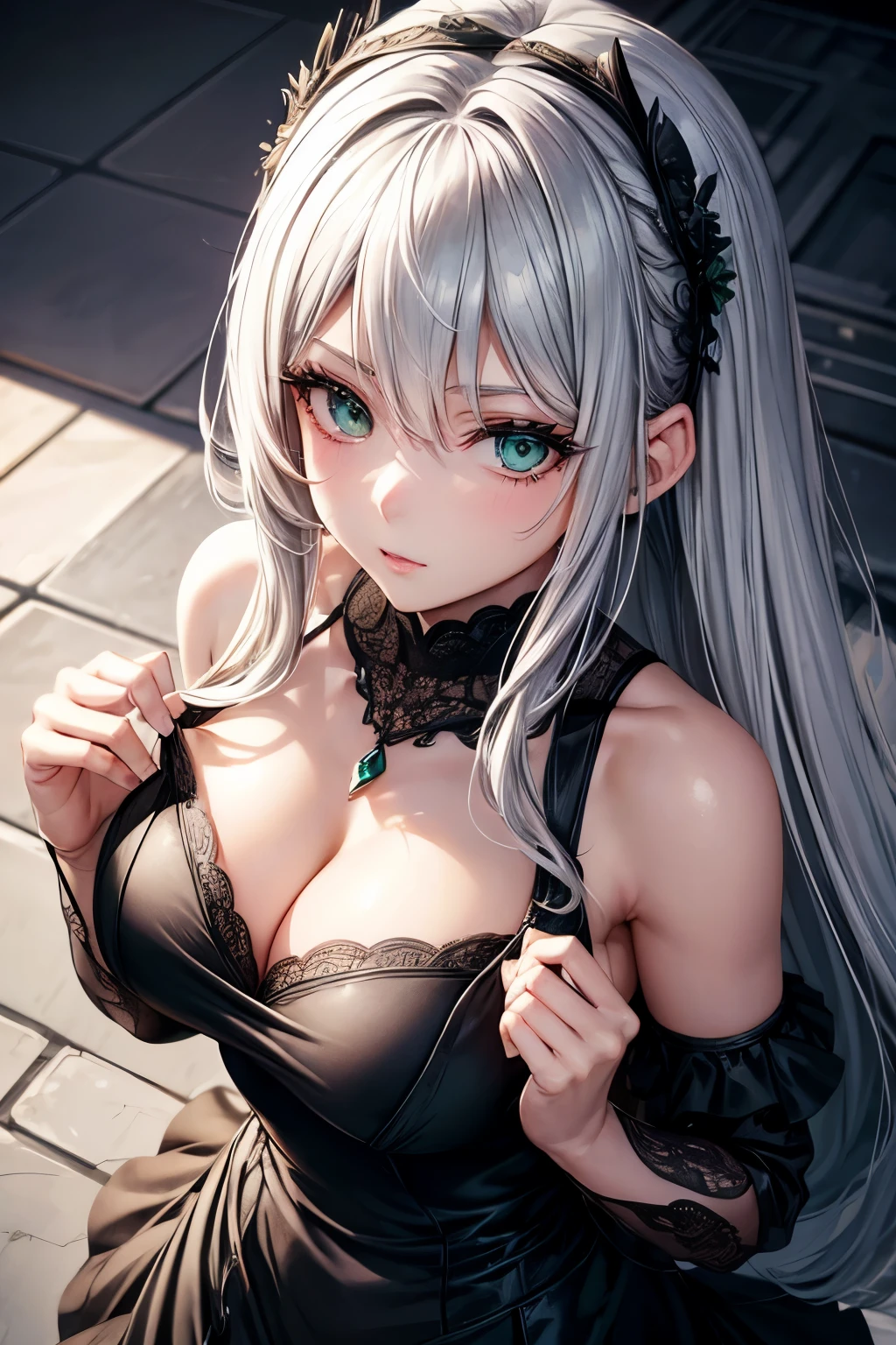 (Best quality), 1 girl, female, silver hair, large breasts, cleavage, green eyes, beautiful black dress, perfect body, view from above