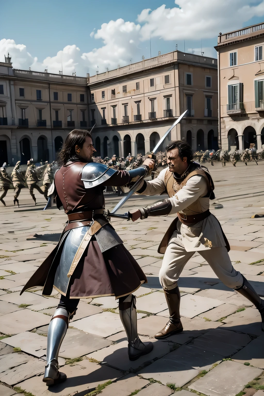 In a large square, 2 17th century Italian nobles fight with pointed swords. Soldiers fighting in the background