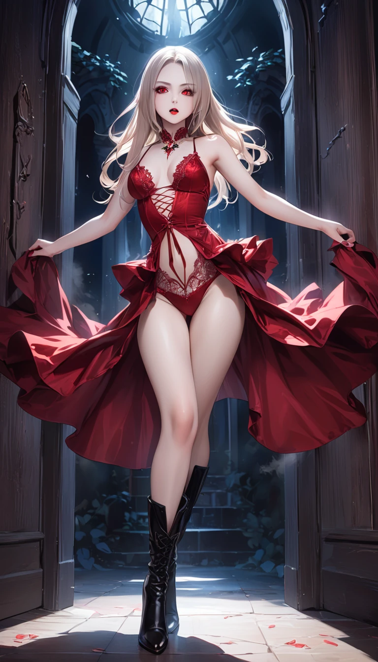 Describe a scene where a female vampire from the Tremere clan, with aristocratic features and mesmerizing eyes, is to seduce someone in a dark and mysterious environment. She is dressed in elegant clothes and displays an aura of power and mystery.... Your gaze is penetrating and seductive, as she uses her manipulation skills to lure the victim closer, involving her in a dangerous game of desire and fascination. The atmosphere around you is charged with tension and excitement., with shadows dancing around, further enhancing the atmosphere of seduction and mystery, wearing red lingerie, nsfw, high heel boots 