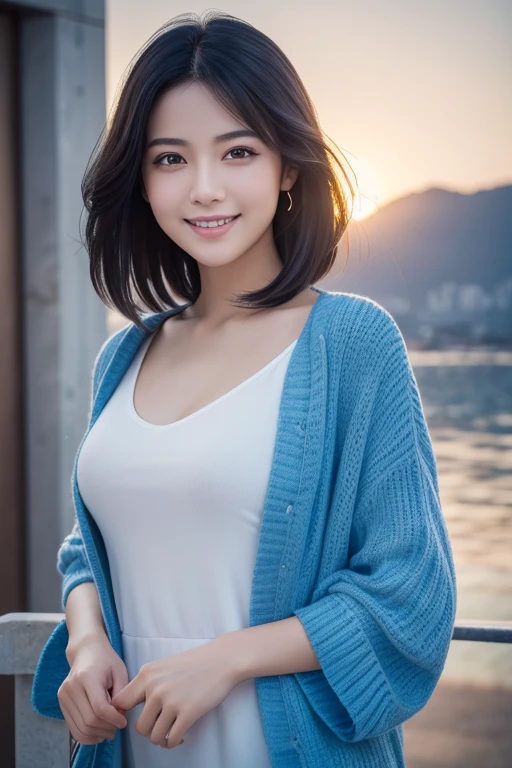 (Highest quality, Ultra-high resolution, 8K, RAW Photos, Ultra-high resolution: 1.2, masterpiece: 1.2), (Realistic, Realistic: 1.37), Super detailed, Professional Lighting, Photon Mapping, Radio City, Physically Based Rendering, Japanese, Girl, With two people, Black Hair, cute, Nice, Adorable, A light smile, Normal chest, looking at the camera, Upper Body, Beautiful and detailed blue sky,Seaside