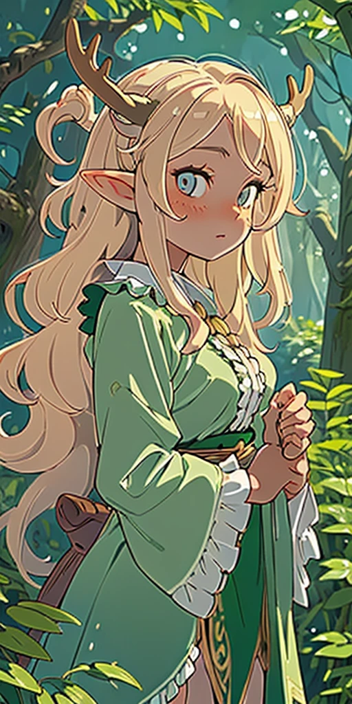 (masterpiece, best quality), 1girl, intricate details, blonde, leaf, wavy hair, looking at viewer, elf, upper body, forest, frills, mist, deer antlers,