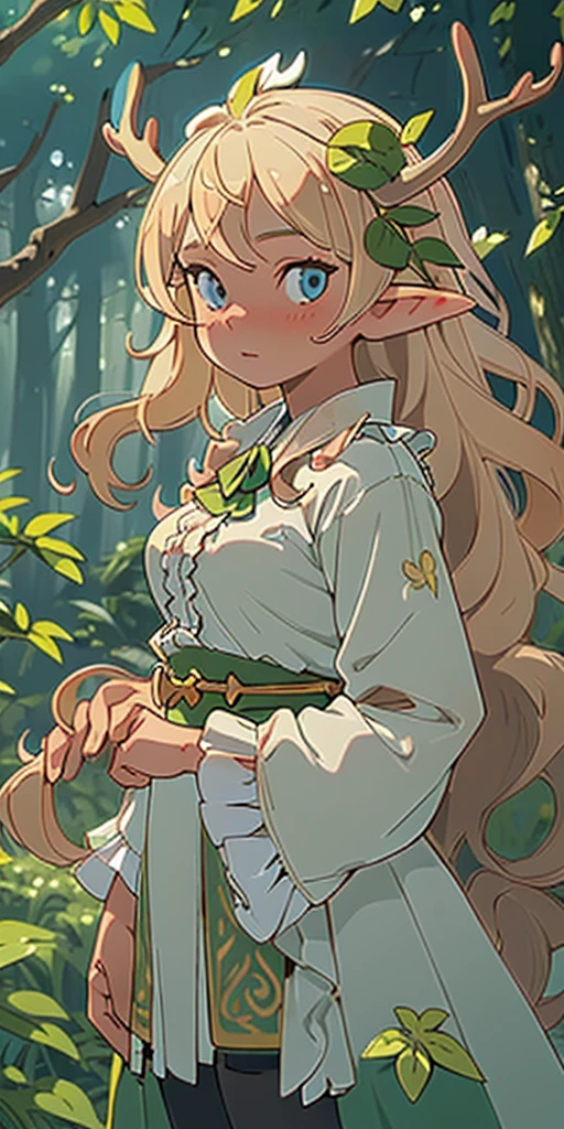 (masterpiece, best quality), 1girl, intricate details, blonde, leaf, wavy hair, looking at viewer, elf, upper body, forest, frills, mist, deer antlers,
