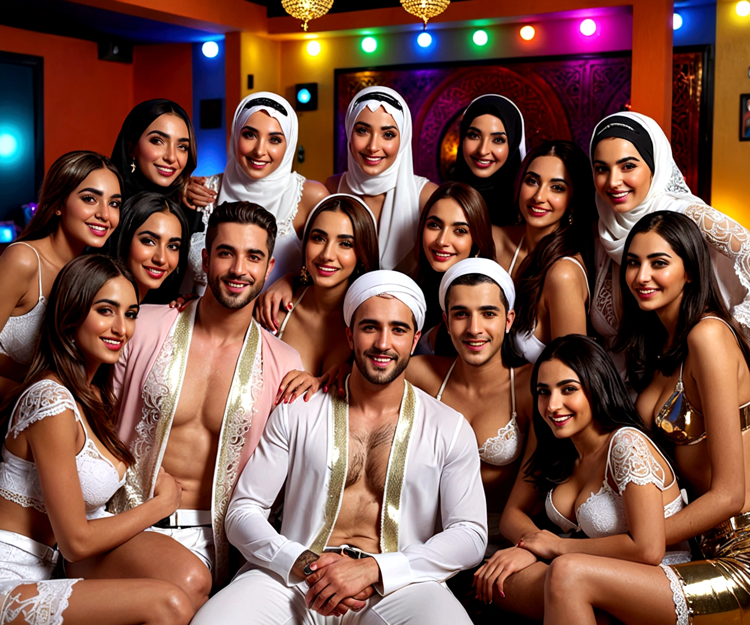 ((Best quality, 8k, Masterpiece :1.3)), (realistic, photo-realistic:1.37) A charismatic man wearing Arabic clothes sitting in the middle surrounded by seven young sexy Arab women wearing hijabs with sexy white lace bras. Sitting in karaoke room. Seductive face, Some hugging and gently place their hands on his shoulders or body, creating an intimate and exciting scene. colourful discotheque lights and partying, full body shot, top quality, masterpiece, photorealistic,light spot