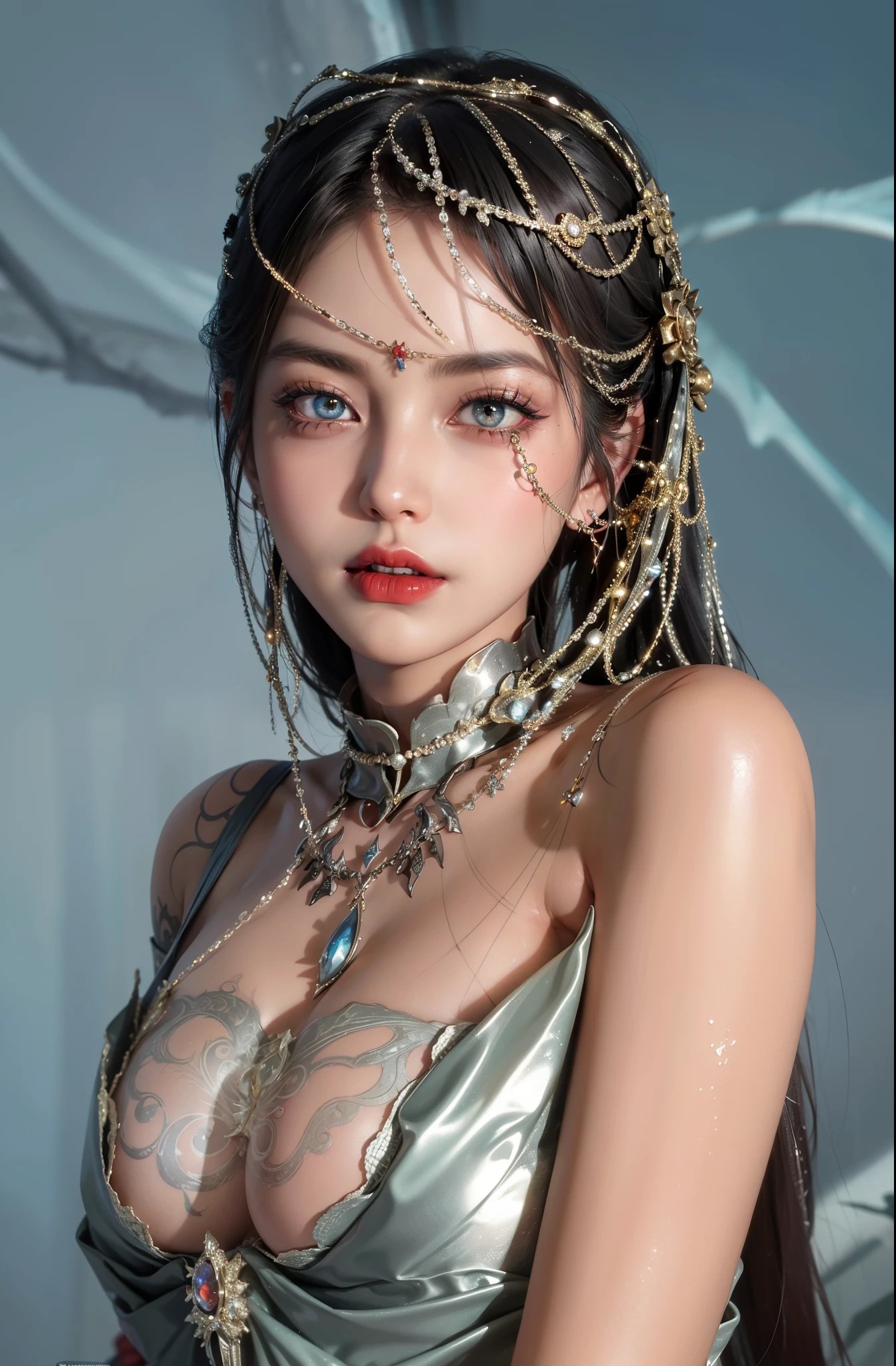 Detailed image quality，Witch Pandora，wing, Succubus Theme，堕落Angel，Excellent，scary，Secret Terror，Tentacles，With eyes，Uncanny Valley Effect，Beast Blood Moon，skeleton，vampire，Hellfire，Dark Queen，Angel，magician magic witch，Angel，Eyes are blue(Pupils as deep as the starry sky)，Gorgeous tattoo designs all over the body，Surreal photos(8K picture quality，Rich in details)，Dark eyeshadow，Sexhick lips(Red lipstick)，Tattoo designs on body，Dark Queen，Wear luxurious gold jewelry，Silver Crystal Armor