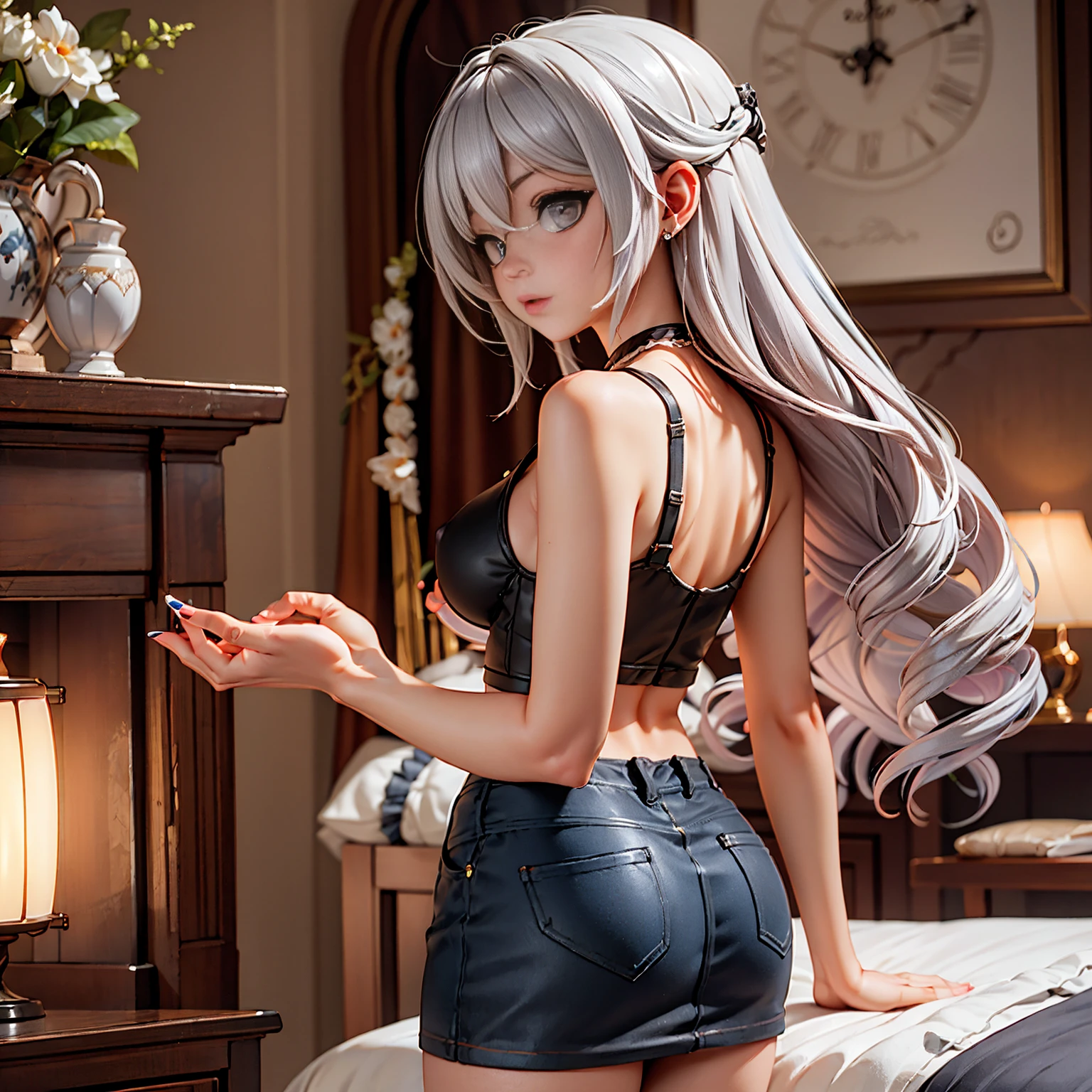 One girl, short t-shirt, skirt, leggings, eyes blue, big ass, perfect breast, slim, cute, sexy, very detailed, exquisite lighting and composition, , 8k, sharp, highly detailed, high resolution, looking back