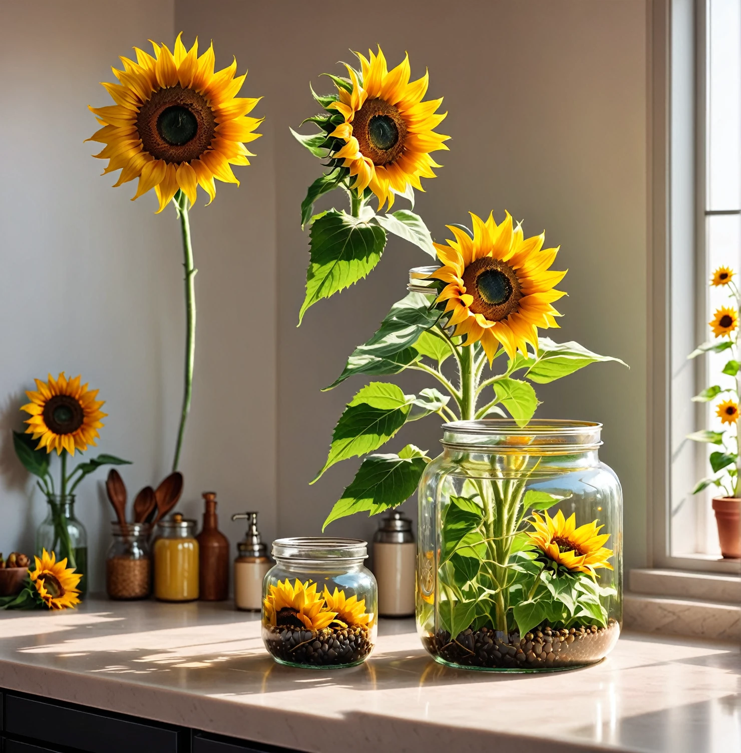 Sunflower flowers in a transparent jar on a counter