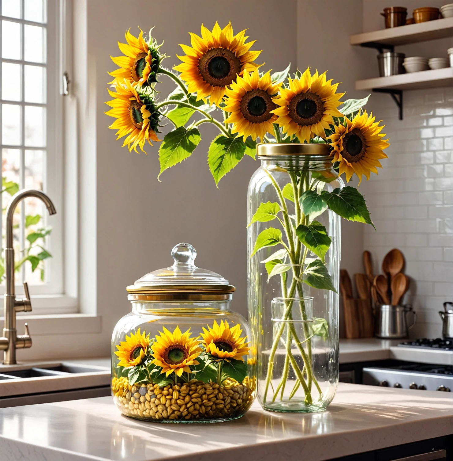 Sunflower flowers in a transparent jar on a counter