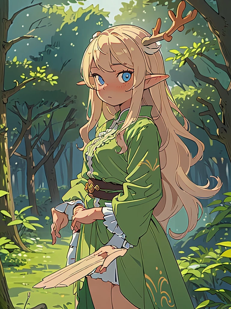 (masterpiece, best quality), 1girl, intricate details, blonde, leaf, wavy hair, looking at viewer, elf, upper body, forest, frills, mist, deer antlers,