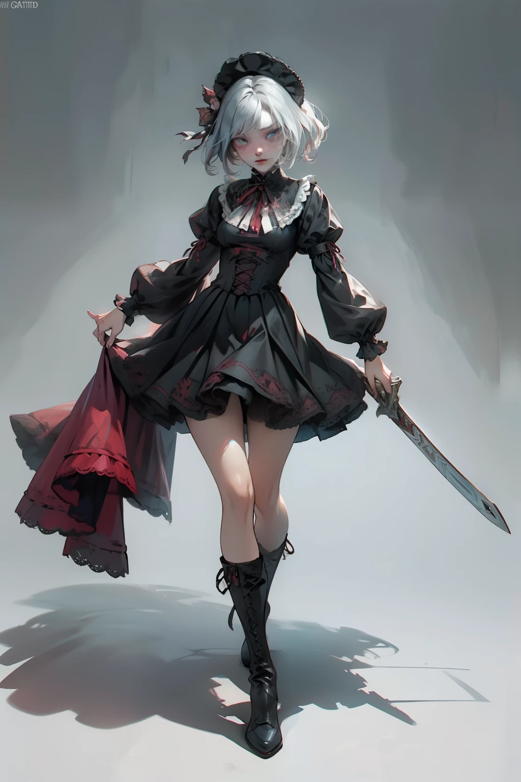 ((best quality)), ((masterpiece)), (detailed), blank white background, plain background, white background, red and white clothing, Bloodborne inspired,  occult aesthetic, occult, detailed and intricate steampunk and detailed gothic, NSFW, Very dramatic and cinematic lighting, cosmic horror, grim-dark, side-lighting, perfect face, NSFW, Fluttering lace flared long knee length dress with frilly petticoats, knee length dress, pleated petticoats, lolita dress, petticoats gothic lolita, complex lace boots, side-lighting, gothic lolita aesthetic, wielding a mighty sword with mechanical components, carbine, NSFW, beautiful small breasts, small breasts, full body, whole body, body, plain background, white background, blank background, no background, white background NSFW, full body, whole body, head-to-toe NSFW