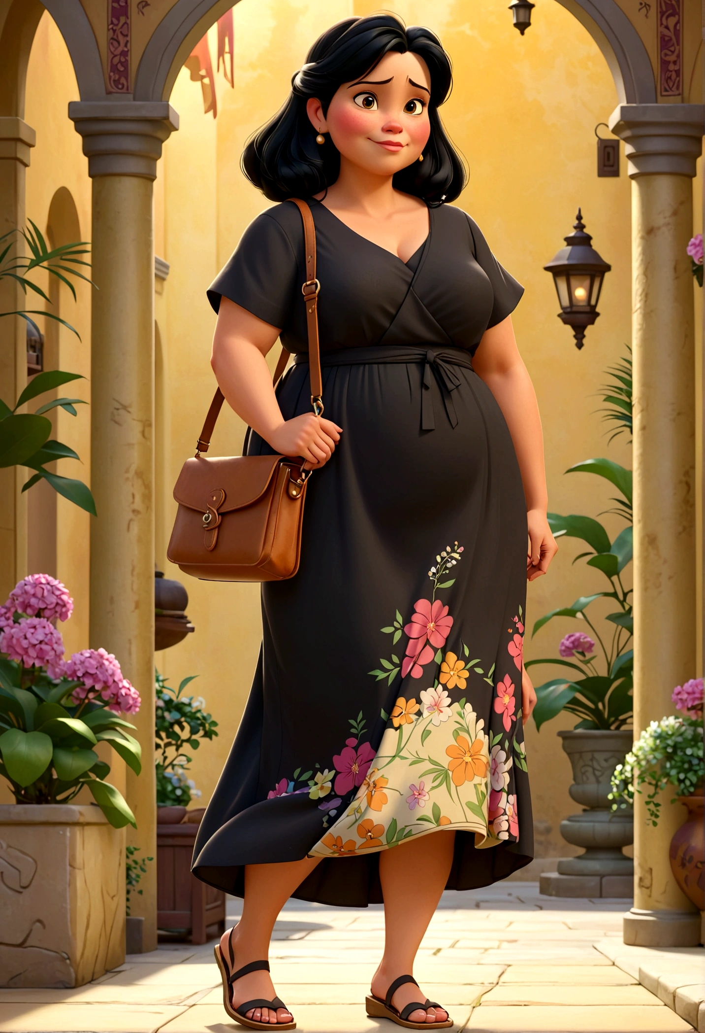 standing alone,1 woman 45 years old, chubby,medium straight black hair, wears side bag and notebook in arms, Wear long dress clothes,standing,don,sandals,resource, Disney style, Various poses and expressions, 4 positions, all-body, floral background,