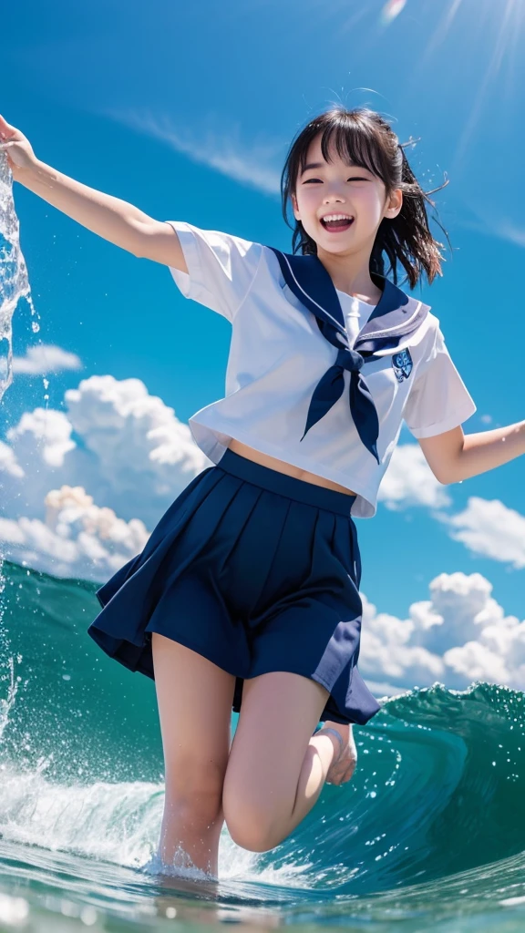 1girl,masterpiece, ;beautiful girl、8K quality, High definition, realistic pictures, professional writing, There is a woman jumping in the air from underwater to the sky., ((A pose that looks like dancing with the face facing upwards)), face upwards, dance in the air,artistic swimming,  jump towards the viewer, jump towards viewer, she is floating in the air, jump into the air, jump on the audience, jump, jump with arms up, floating in the air, floating on the ground, Jump for joy, jump pose, horizontally jump!!!, wearing a sailor suit, high school girl,((Big wave crashing down)), ((Splashes of water splashing from the body)),  Clear blue sky and white clouds, Sunlight flares