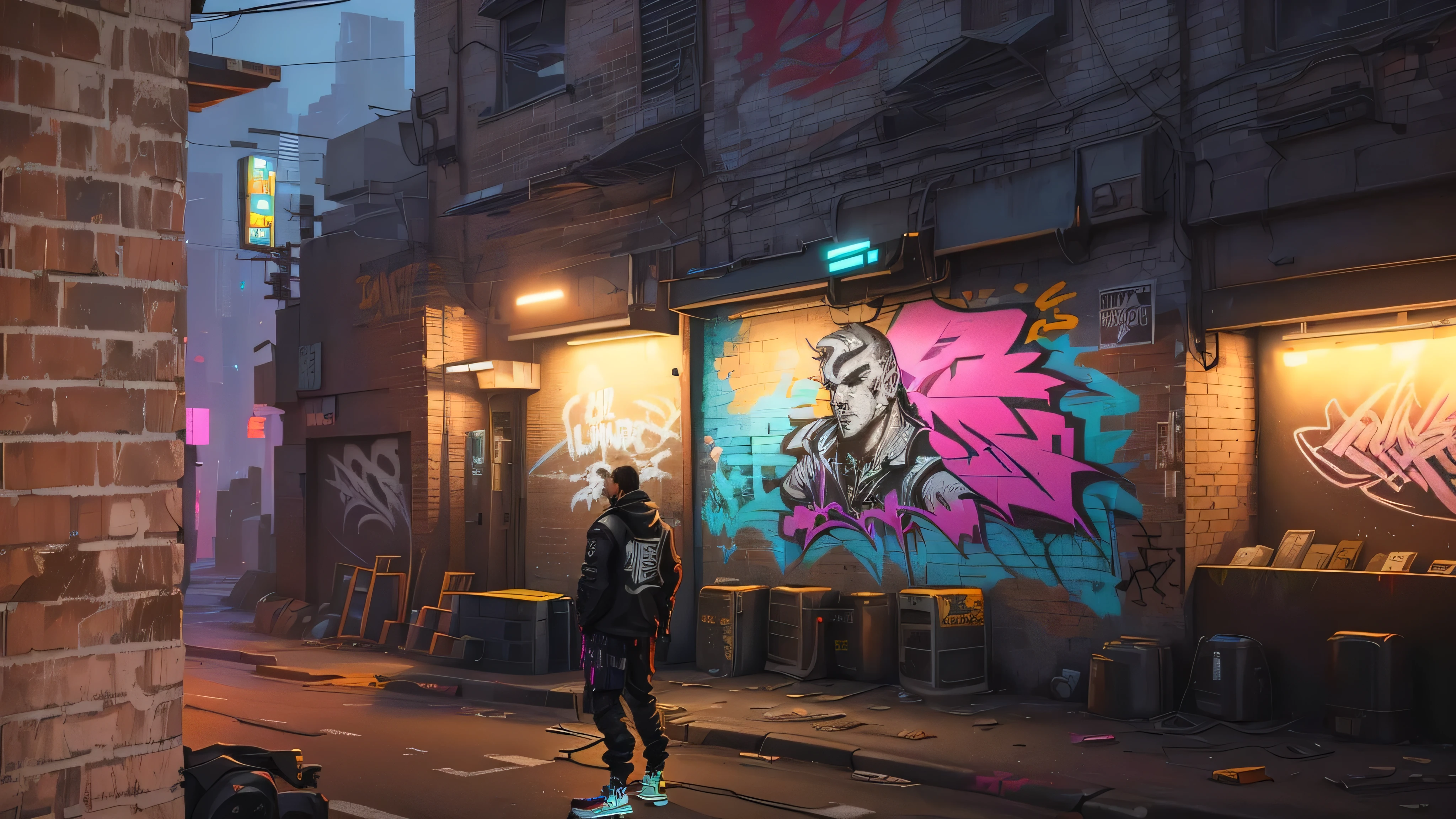 graffiti on the wall of a building with a man standing in front of it, urban concept art, style of gta v artworks, cyberpunk back alley, street background, cyberpunk alley, graffiti in the background, city + graffiti background, gta chinatowon art style, cyberpunk street, grimy streets backdrop, in cyberpunk city, cyberpunk street goon, graffiti in background