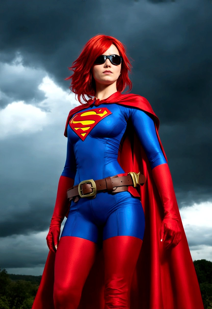 The image depicts a young woman with vibrant red hair, standing confidently against a dramatic sky filled with dark clouds. She is dressed in a striking superhero costume, predominantly in shades of blue and red, with a prominent emblem on her chest. The costume is detailed, featuring a belt with a buckle and a cape that adds to her heroic appearance. Her gaze is directed off to the side, and her expression is serious, suggesting a sense of determination and readiness for action. The overall composition of the image, with the contrast between her bright costume and the ominous sky, conveys a narrative of a powerful figure standing against adversity.