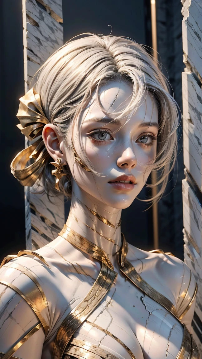 (8k, realistic, attractive, highly detailed),(best quality,grey skin:1.2, official art, beautiful and aesthetic:1.2),1 girl, solo, body fragment sculpture:1.2,single,head sculpture, skin by marble,female head sculpture,(bangs,short hair),silver skin:1.2,(delicate and beautiful),clearly sculpture girl,real,(marble & rock sculpture),best anatomy,girl statue, white seamless background,(crack:1.3),marbles-made limbs:1.3