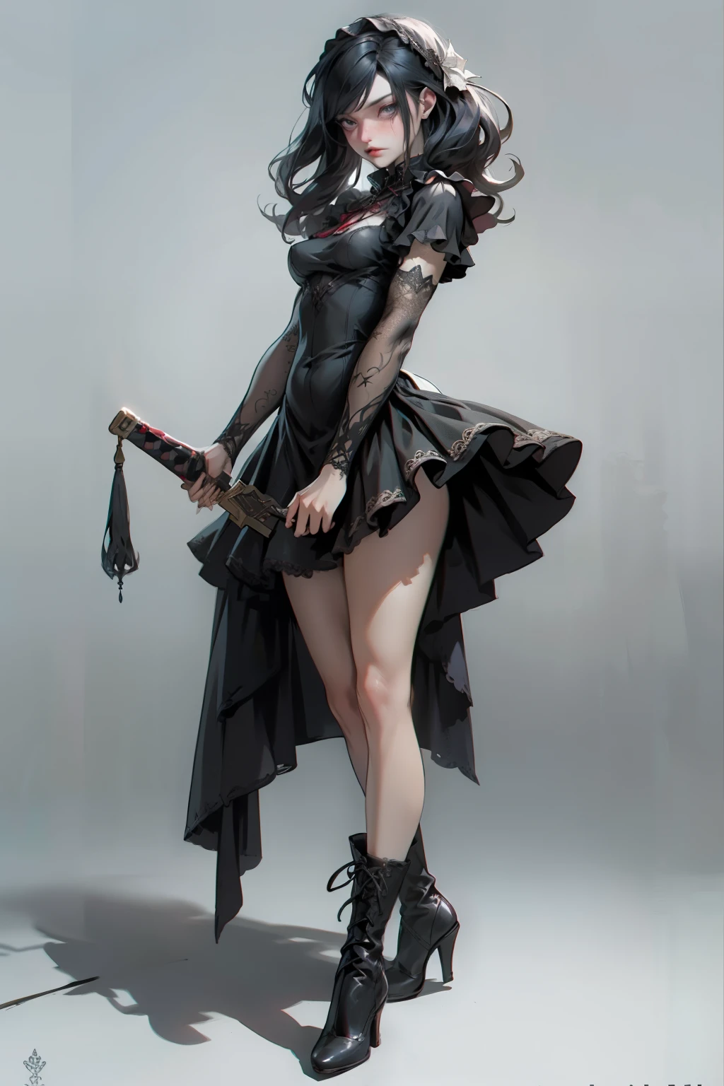 ((best quality)), ((masterpiece)), (detailed), blank white background, plain background, white background, red and white clothing, Bloodborne inspired, occult aesthetic, occult, detailed and intricate steampunk and detailed gothic, NSFW, Very dramatic and cinematic lighting, cosmic horror, grim-dark, side-lighting, perfect face, NSFW, Fluttering lace flared long knee length dress with frilly petticoats, knee length dress, pleated petticoats, lolita dress, petticoats gothic lolita, complex lace boots, side-lighting, gothic lolita aesthetic, wielding a mighty sword with mechanical components, carbine, NSFW, beautiful small breasts, small breasts, full body, whole body, body, plain background, white background, blank background, no background, white background NSFW, full body, whole body, head-to-toe NSFW