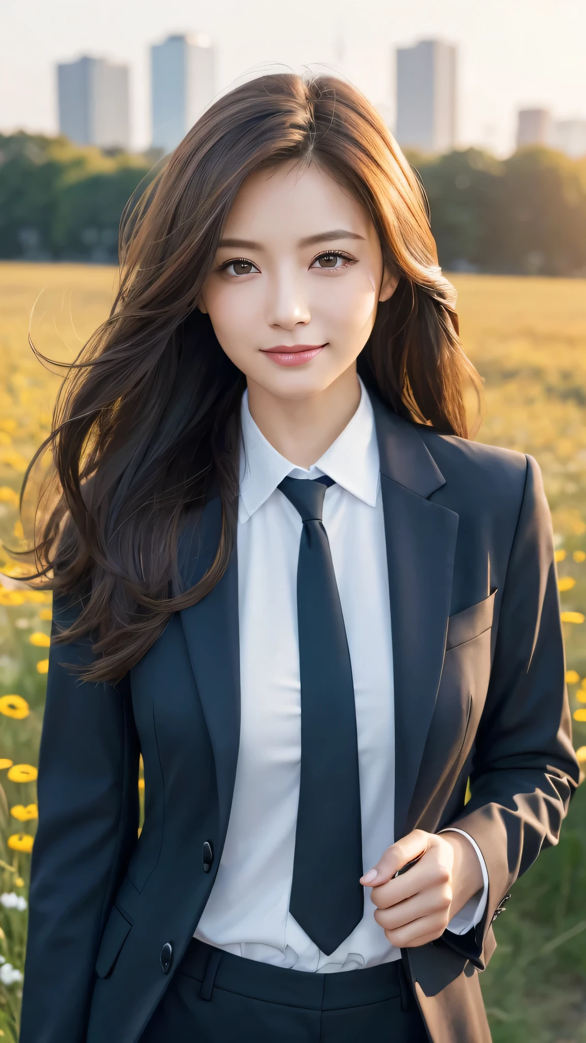 highest quality、genuine、Super detailed、finely、High resolution、8k wallpaper、one beautiful woman、、、light brown disheveled hair、wearing a business suit、sharp focus、perfect dynamic composition、beautiful and detailed eyes、thin hair、Detailed genuine skin texture、smile、model body shape、In Tokyo at morning、In a windswept meadow