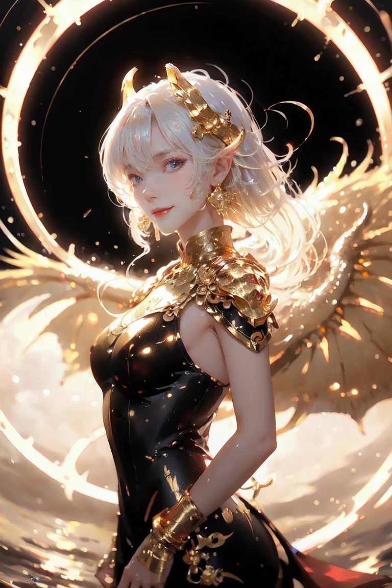 humanoid dragon girl flying with golden wings
