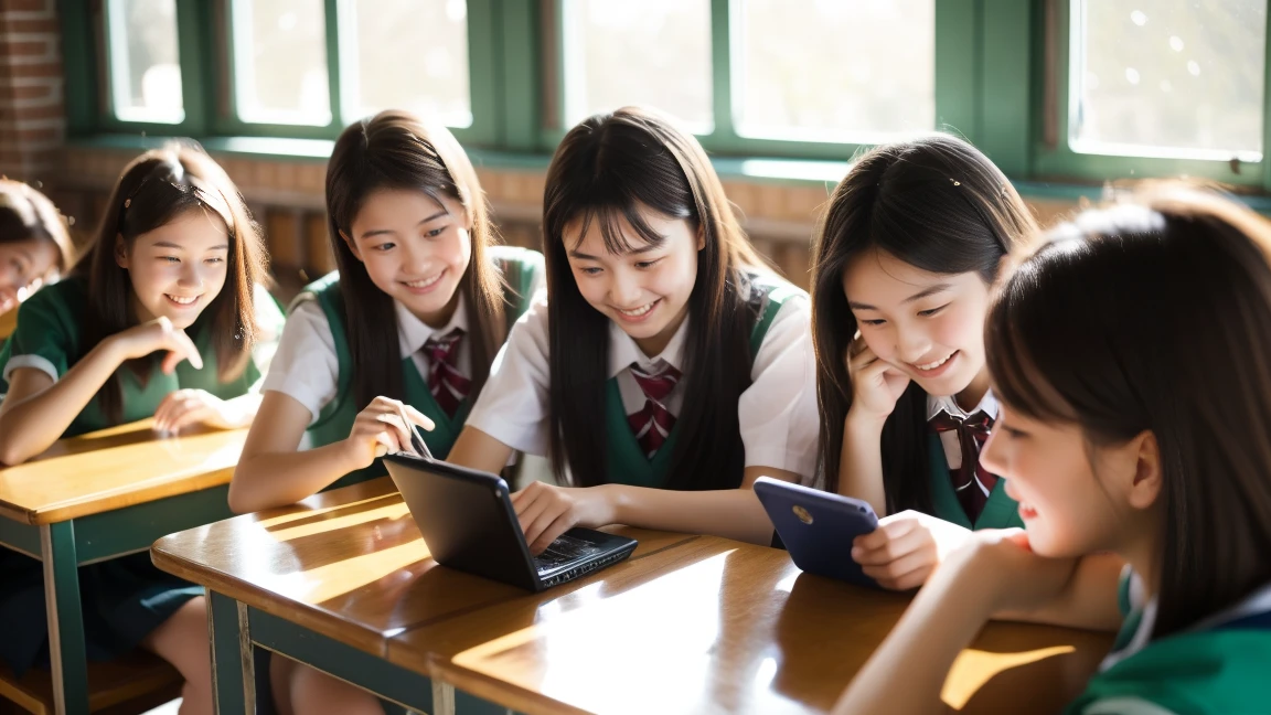 Four high school girls are fiddling with their phones. They look very happy, inside the classroom.