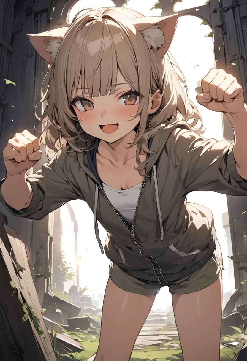 ((Masterpiece)), ((best quality)), (Anime:1.3), (super detail:1.2),(High Definition:1.3), (Professional Photography:1.2), (wide shot), (sharp focus), (perfect light), ((12 years old)), (1girl), (morning), messy medium hair, Beautiful collarbone, (cute hoodie with zipper), cleavage, white tanktop, cute boxer shorts, (Healthy slim body), (loose blunt bangs), Slender body, glossy skin, (naughty smile), open mouth, ((Beautiful brown eyes)), Textured skin, (Cat ears), Pale brown hair, Cute Beautiful Girl, (slightly exposed small chest), BREAK, ((best quality)), Dynamic angles, ((Thrust fist forward)), (in the Mossy abandoned church), (sharp focus), perfect hands, (perfect light),
