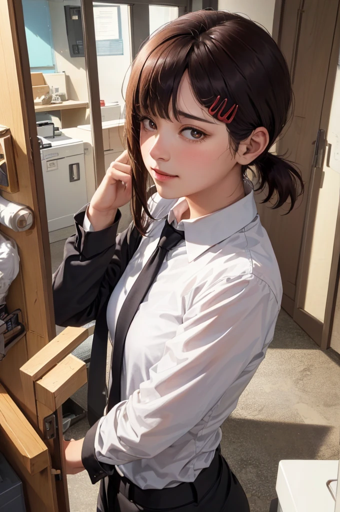 masterpiece, best quality, ultra-detailed, illustration, epic lighting, cinematic composition, isometric, 1girl, solo, cute, brown eyes, black hair, swept bangs, single sidelock, red hairclip, white collared shirt, black necktie, black pants, formal, enchanting gaze, captivating pose, indoors, office, door, opening door, looking at viewer, peeking out upper body, blush, seductive smile, closed mouth,(8k:1.1),