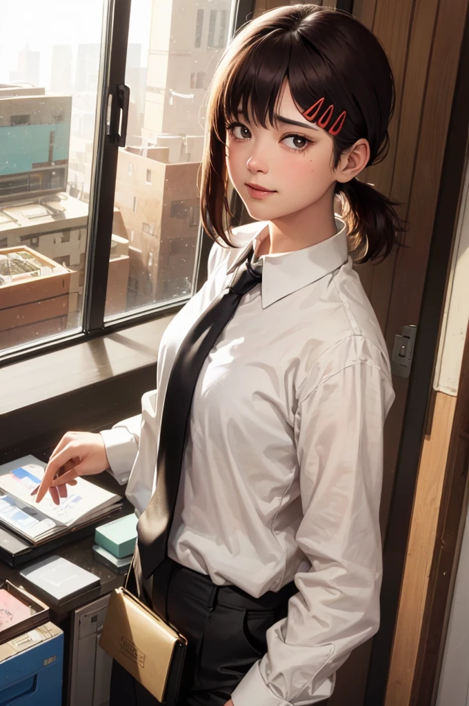 masterpiece, best quality, ultra-detailed, illustration, epic lighting, cinematic composition, isometric, 1girl, solo, cute, brown eyes, black hair, swept bangs, single sidelock, red hairclip, white collared shirt, black necktie, black pants, formal, enchanting gaze, captivating pose, indoors, office, door, opening door, looking at viewer, peeking out upper body, blush, seductive smile, closed mouth,(8k:1.1),