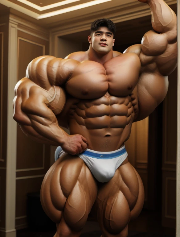 1boy, giant, alone, giant bodybuilder, illuminating light, strong body, bulk, large size, standing, flexing up his biceps, armpit, with LED STAGE, indoor, nude, white triangular underwear, thick bulge, scratch his bulge, wear a medals, extraordinary big, brutalmass, giant muscular body, bulk, buff, massive body, large meaty body size, extremely wide body