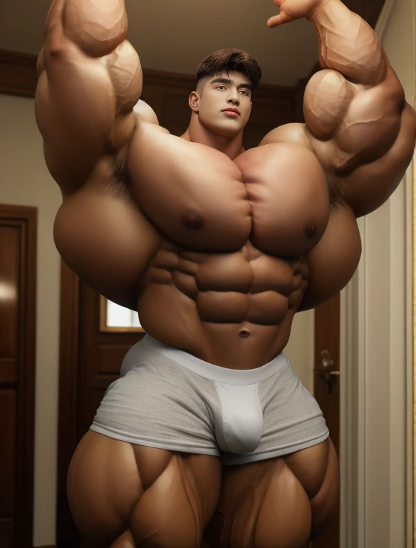 1boy, giant, alone, giant bodybuilder, illuminating light, strong body, bulk, large size, standing, flexing up his biceps, armpit, with LED STAGE, indoor, nude, white triangular underwear, thick bulge, scratch his bulge, wear a medals, extraordinary big, brutalmass, giant muscular body, bulk, buff, massive body, large meaty body size, extremely wide body