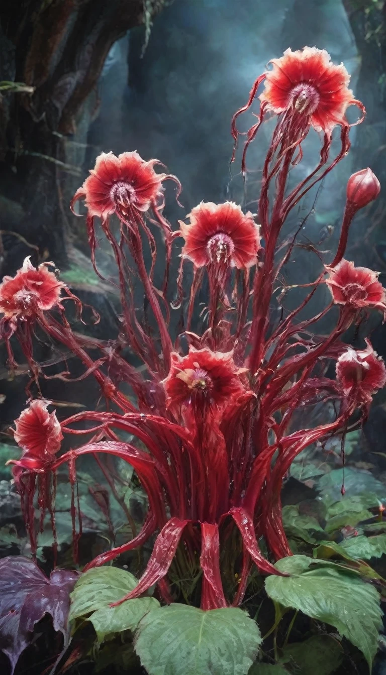 Magic plantloody ghost flower from the abyss, Ghost Flower,Blood-red tentacles stare at the dead,Enchantment,uncanny,terror