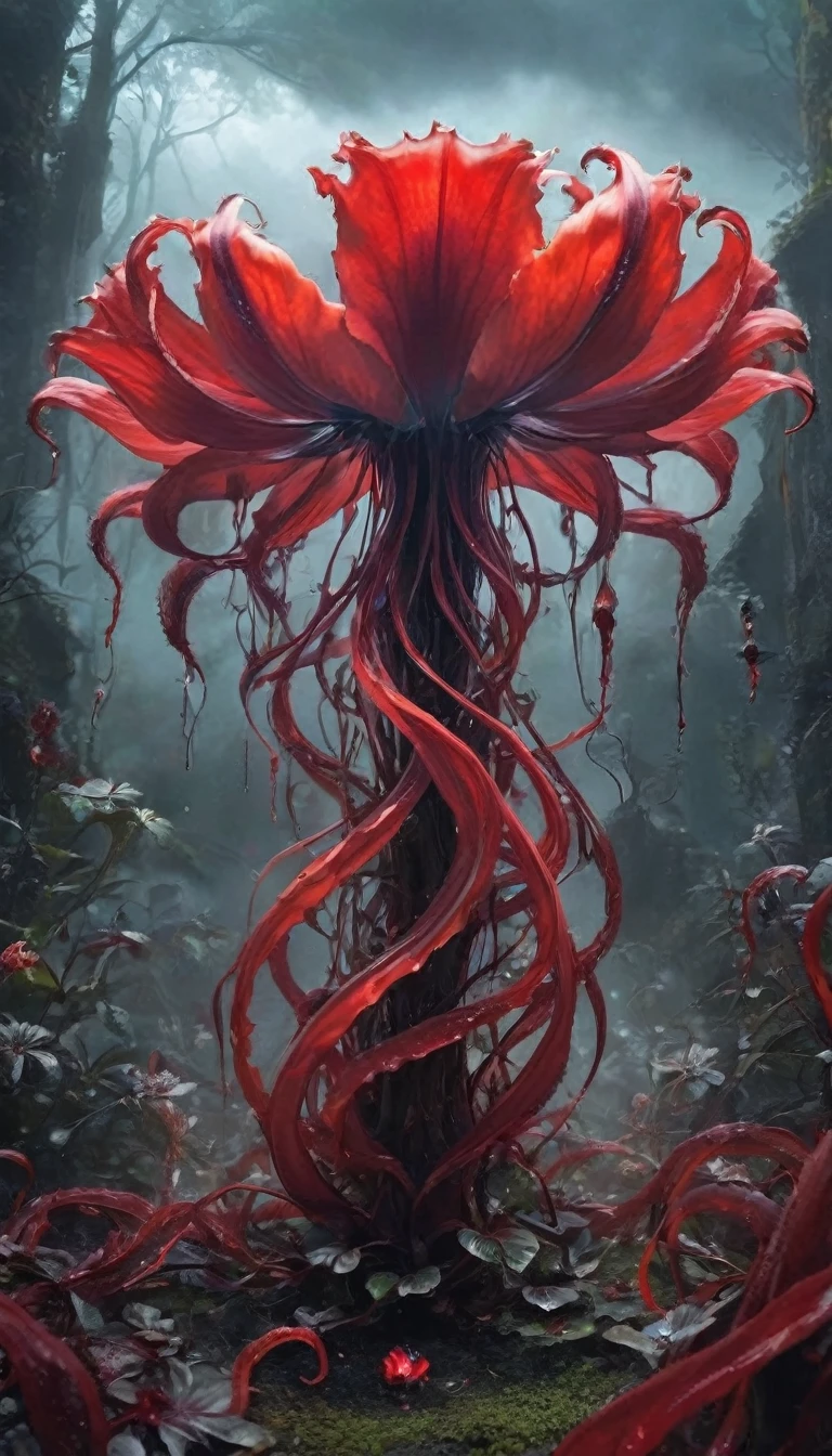 Magic plantloody ghost flower from the abyss, Ghost Flower,Blood-red tentacles stare at the dead,Enchantment,uncanny,terror