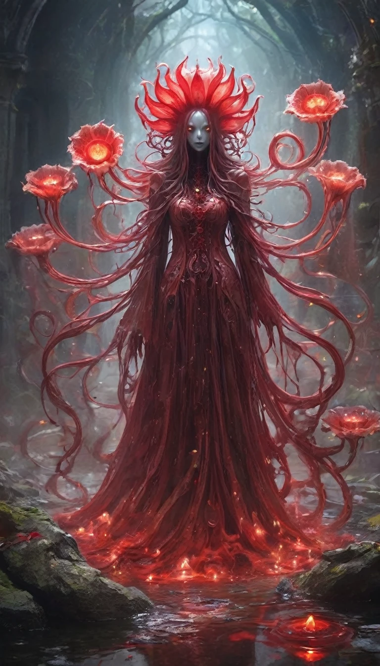 Magic plantloody ghost flower from the abyss, Ghost Flower,Blood-red tentacles stare at the dead，Enchantment，uncanny，terror