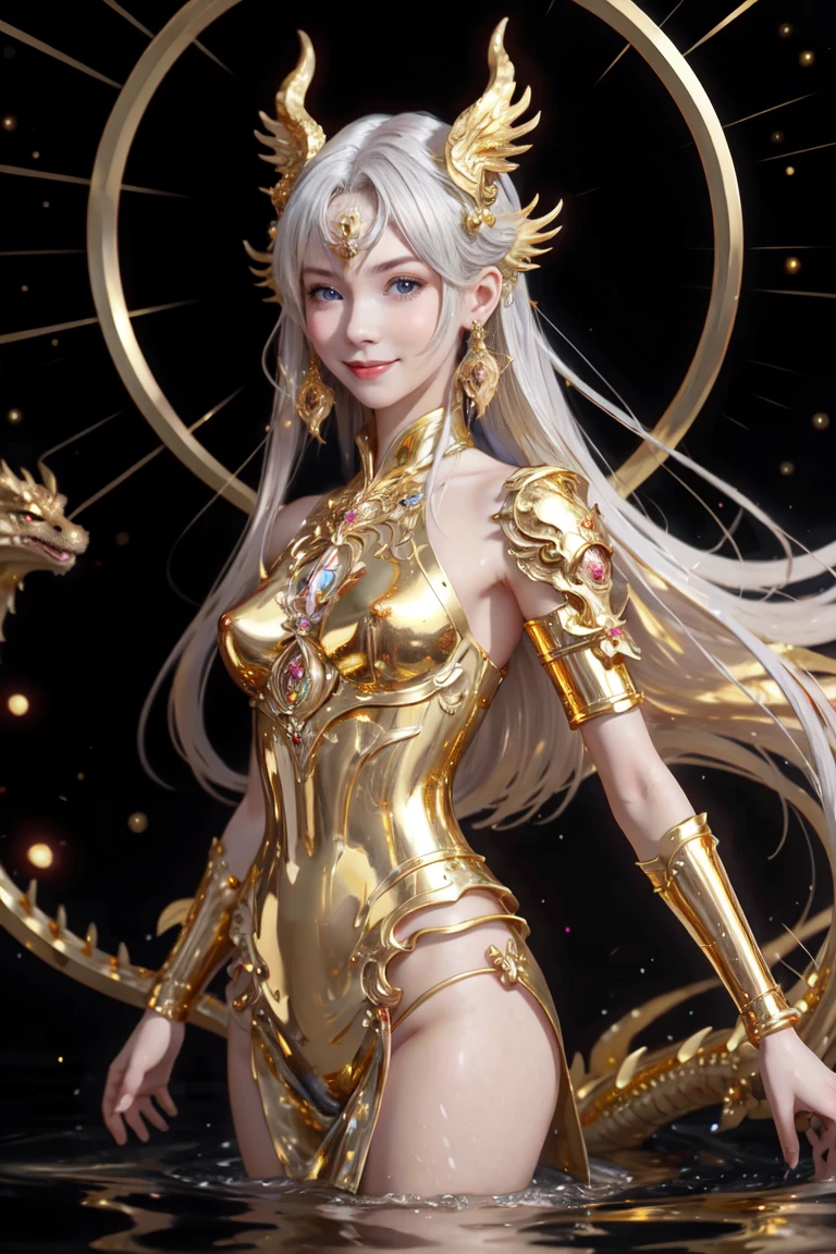  anime with long hair and red dress standing in the water with a big golden dragon, 4K anime art wallpaper, 8K anime art wallpaper, anime fantasy artwork, 4k fantasy artwork, 坏蛋动漫8 K, epic anime art, detailed art of onmyoji, anime fantasy illustration, inspired by Naomi, 4K anime-style, gold accents