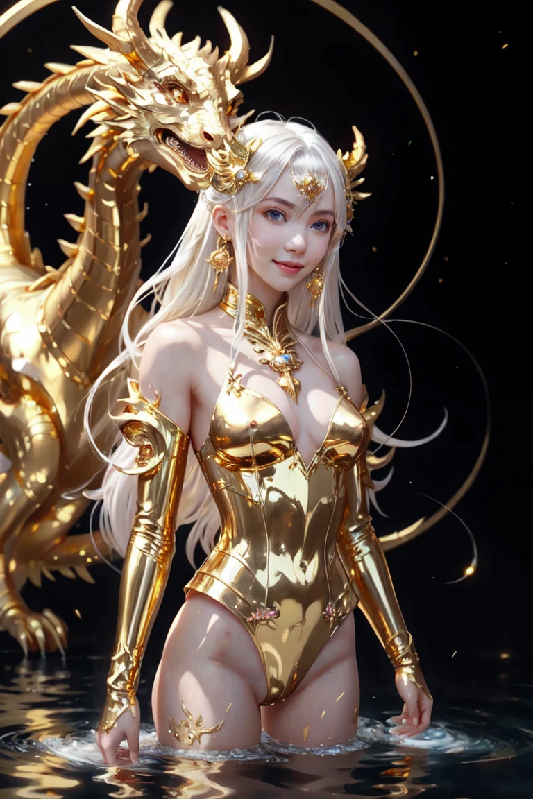 anime with long hair and red dress standing in the water with a big golden dragon, 4K anime art wallpaper, 8K anime art wallpaper, anime fantasy artwork, 4k fantasy artwork, 坏蛋动漫8 K, epic anime art, detailed art of onmyoji, anime fantasy illustration, inspired by Naomi, 4K anime-style, gold accents