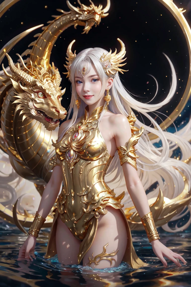  anime with long hair and red dress standing in the water with a big golden dragon, 4K anime art wallpaper, 8K anime art wallpaper, anime fantasy artwork, 4k fantasy artwork, 坏蛋动漫8 K, epic anime art, detailed art of onmyoji, anime fantasy illustration, inspired by Naomi, 4K anime-style, gold accents