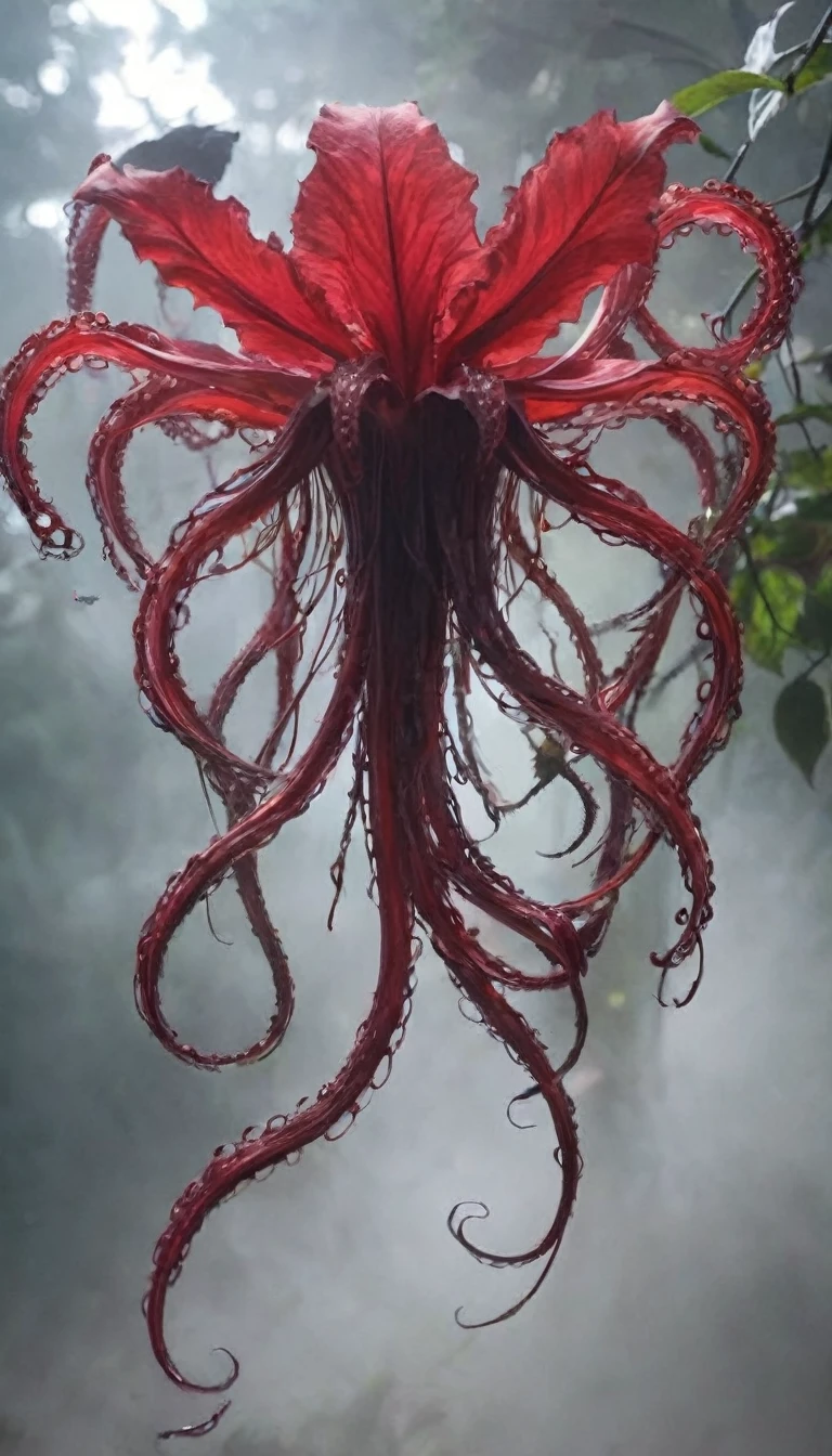 Magic plantloody ghost flower from the abyss, Ghost Flower,Blood-red tentacles stare at the dead,Enchantment,uncanny,terror
